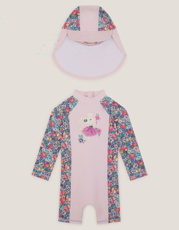 Baby Shell Print UPF50+ Swimsuit & Sun Hat Set, Pink (PINK), large