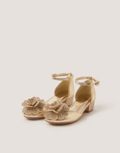 Closed-Toe Embellished Flower Heels, Gold (GOLD), large