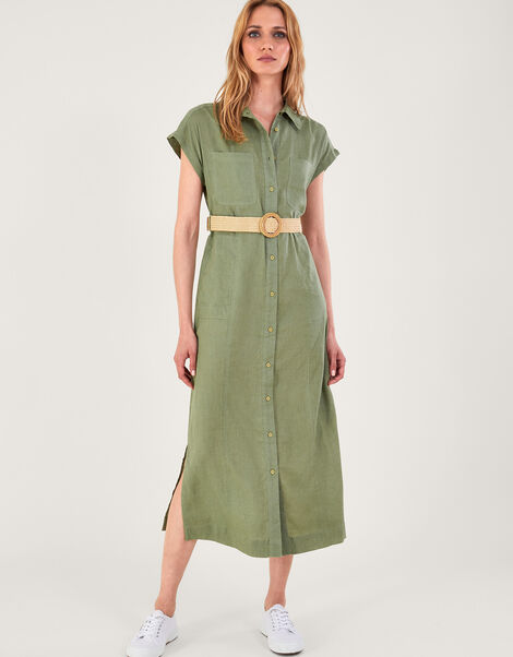 Belted Midi Dress in Linen Blend, Green (KHAKI), large