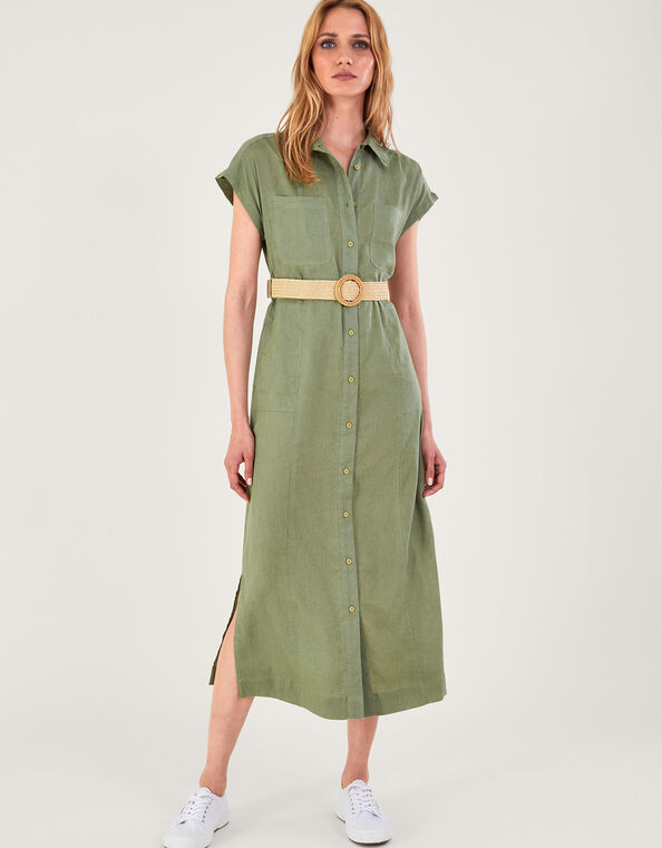 Belted Midi Dress in Linen Blend, Green (KHAKI), large
