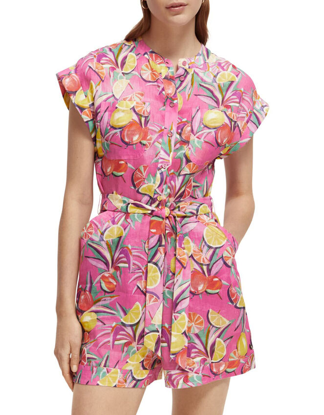 Scotch and Soda Print Linen Playsuit, Pink (PINK), large