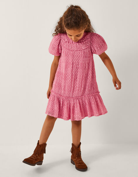 Polka Dot Textured Puff Sleeve Dress, Pink (PINK), large
