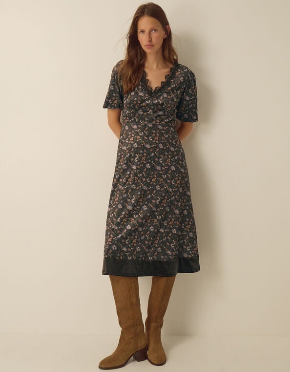 Carly V-Neck Floral Print Velvet Midi Dress, Brown (BROWN), large