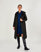 Quinn Quilted Hooded Longline Coat in Recycled Polyester, Black (BLACK), large