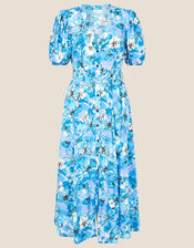 Floral Print V-Neck Shirt Dress , Blue (BLUE), large