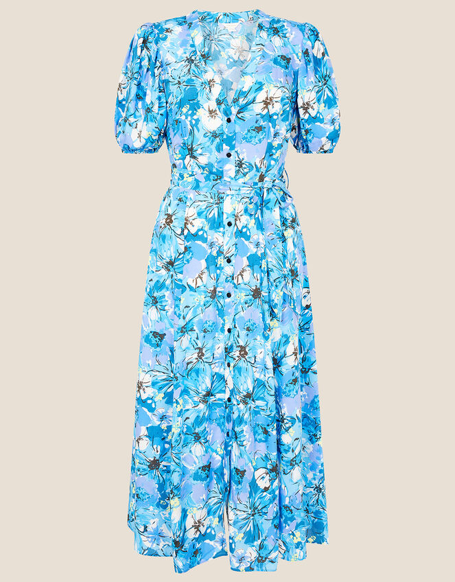 Floral Print V-Neck Shirt Dress , Blue (BLUE), large