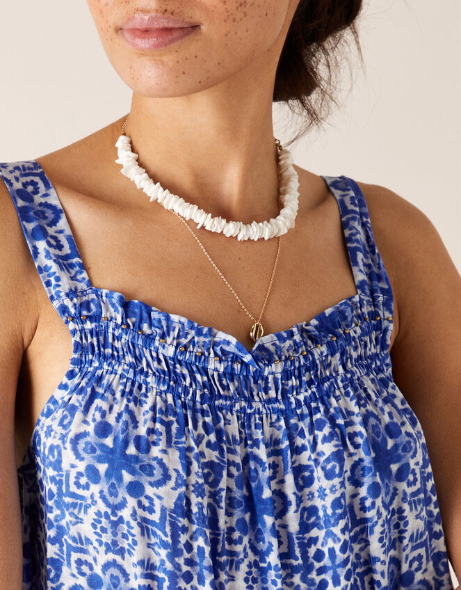 Beaded Neckline Printed Dress, Blue (BLUE), large