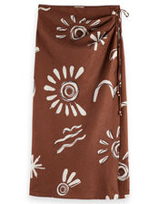 Abstract Print Midi Wrap Skirt, Brown (BROWN), large