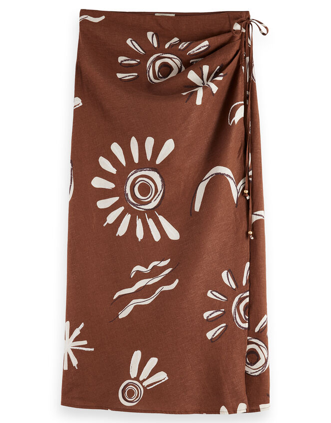 Abstract Print Midi Wrap Skirt, Brown (BROWN), large