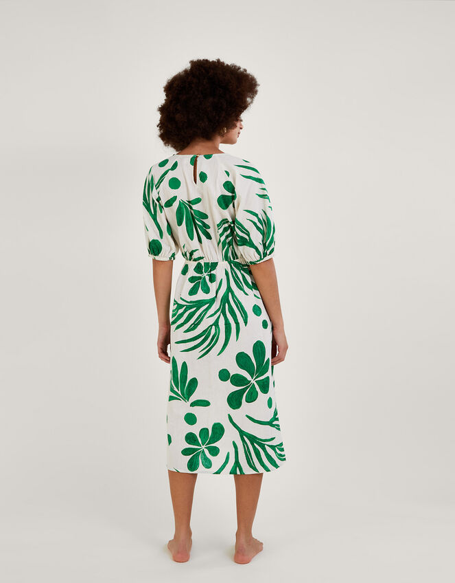 Abstract Palm Print Tie Front Midi Dress, Green (GREEN), large