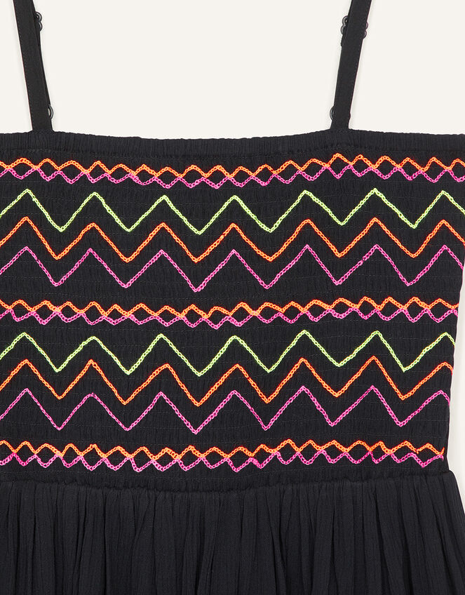 Neon Embroidered Shirred Sundress, Black (BLACK), large