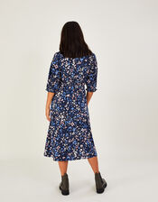 Ditsy Shirred Midi Dress with Sustainable Cotton, Blue (BLUE), large