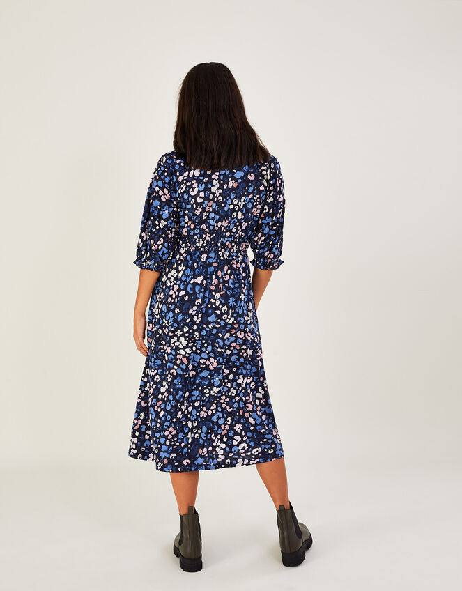 Ditsy Shirred Midi Dress with Sustainable Cotton, Blue (BLUE), large