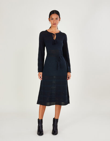 Belted Pointelle Midi Dress, Blue (NAVY), large
