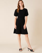 Button Detail Puff Sleeve Dress, Black (BLACK), large