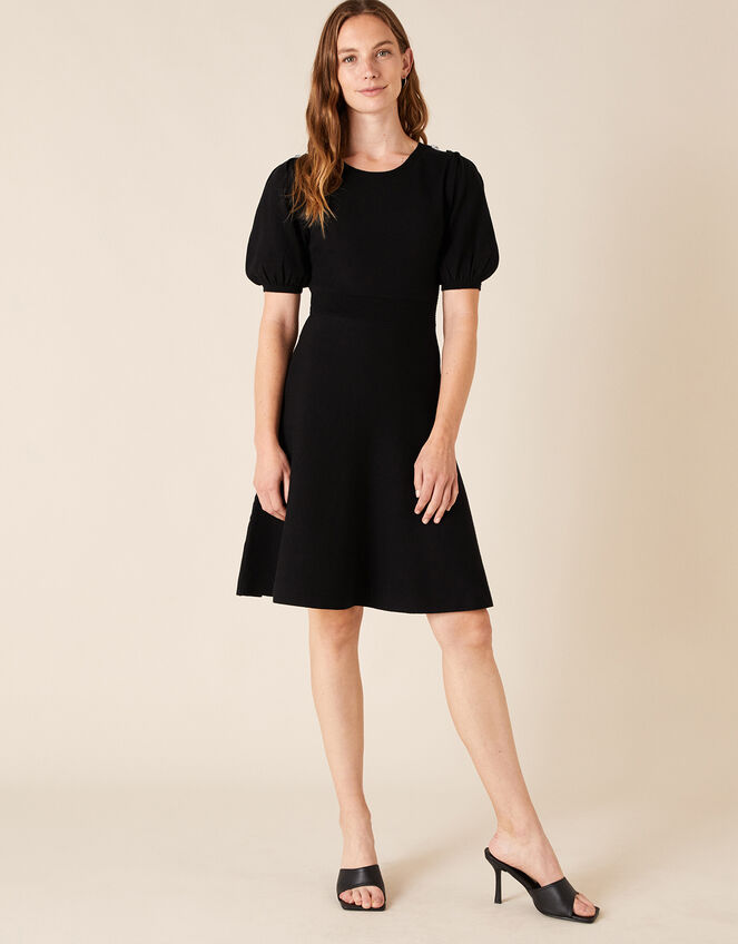 Button Detail Puff Sleeve Dress, Black (BLACK), large