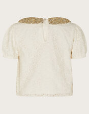 Sequin Collar Lace Top, Ivory (IVORY), large