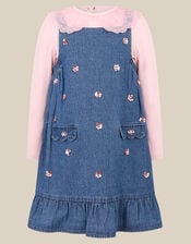 Embellished Denim Pinafore Dress & Long Sleeve Top Set, Pink (PINK), large