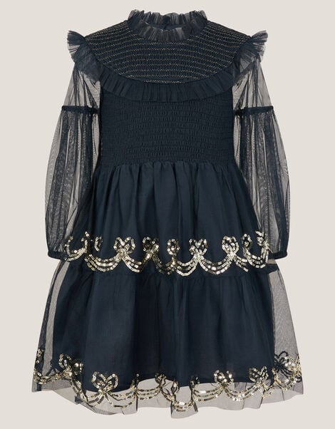Bow Shirred Mesh Dress, Blue (NAVY), large