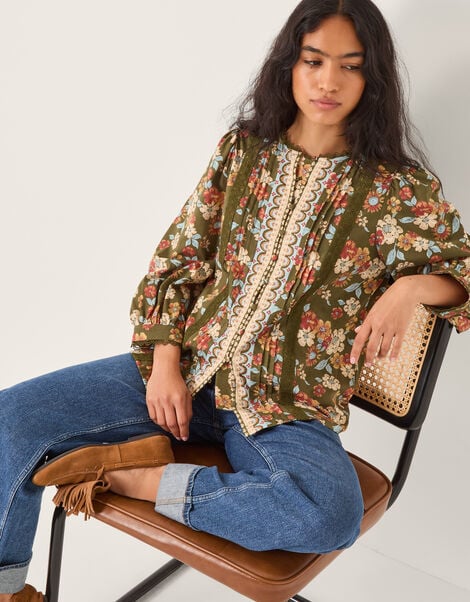 Olive Floral Print Jersey Shirt, Green (KHAKI), large