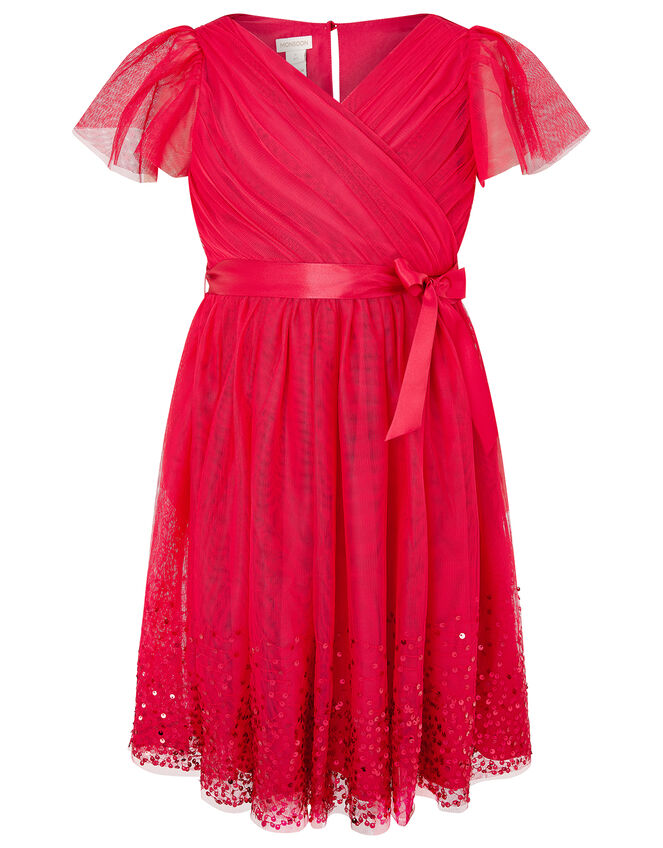 Sequin Tulle Wrap Dress, Red (RED), large