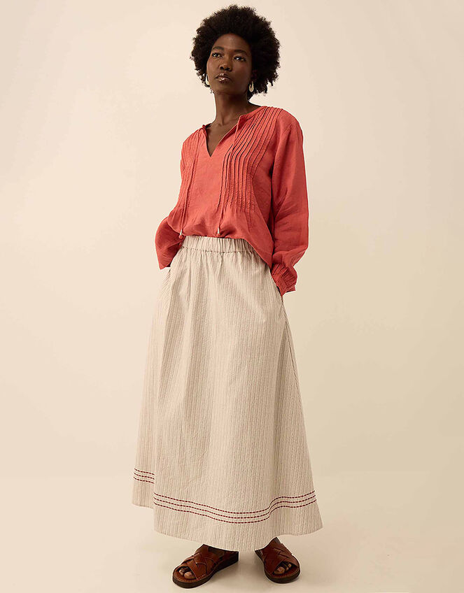 East Zoe Yarn-dyed Textured Cotton Pinstripe Skirt , Ivory (IVORY), large