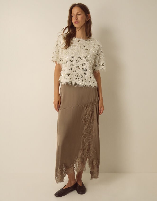 Saskia Short Sleeve Sequin Fringe Top , Ivory (IVORY), large