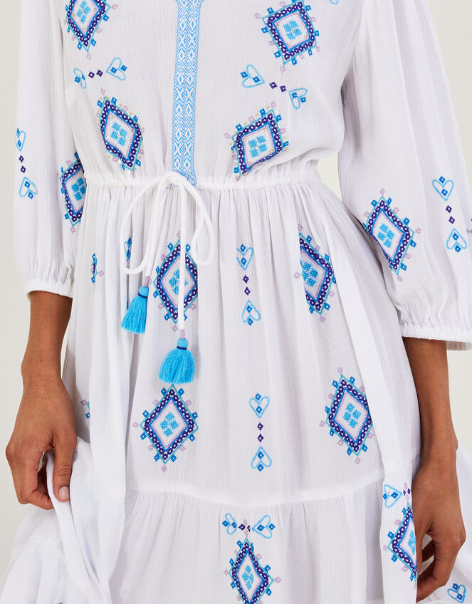 Geometric Diamond Embroidered Kaftan Dress in LENZING™ ECOVERO™, White (WHITE), large