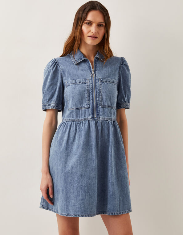 Adeena Zip Denim Mini Dress, Blue (DENIM BLUE), large