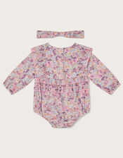 Newborn Ditsy Print Romper and Bando Set, Purple (LILAC), large