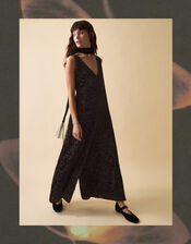 Clemence Gigi Velvet Burnout Palazzo Jumpsuit, Black (BLACK), large