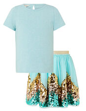 Disco Freya T-shirt and Sequin Skirt Set, Blue (AQUA), large