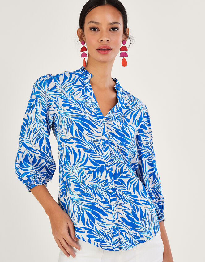 Florence Leaf Print Blouse, Blue (BLUE), large