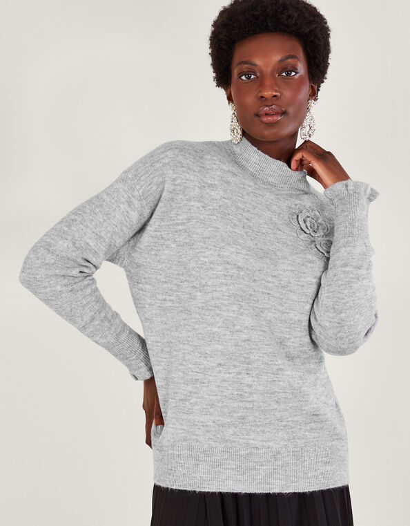 Char Corsage Sweater, Gray (GREY MARL), large