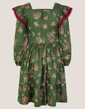 Butterfly Floral Bow Shirred Dress, Green (GREEN), large