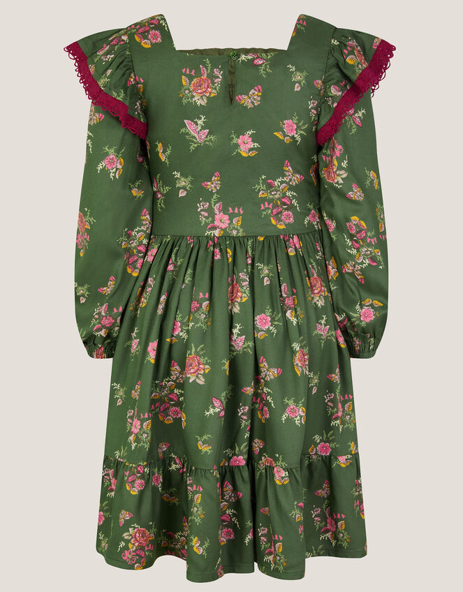 Butterfly Floral Bow Shirred Dress, Green (GREEN), large