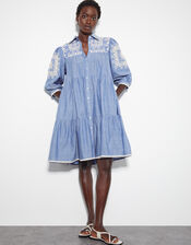 Damia Embroidered Chambray Mini Shirt Dress, Blue (DENIM BLUE), large