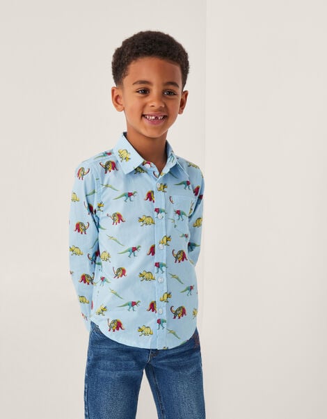 Varsity Dinosaur Print Shirt, Blue (BLUE), large