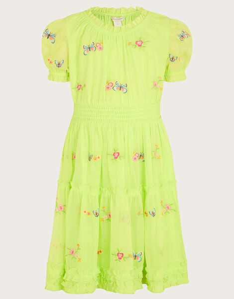 Embroidered Puff Sleeve Butterfly Dress, Green (LIME), large