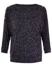 LOUNGE Animal Print Gold Button Top, Grey (GREY), large