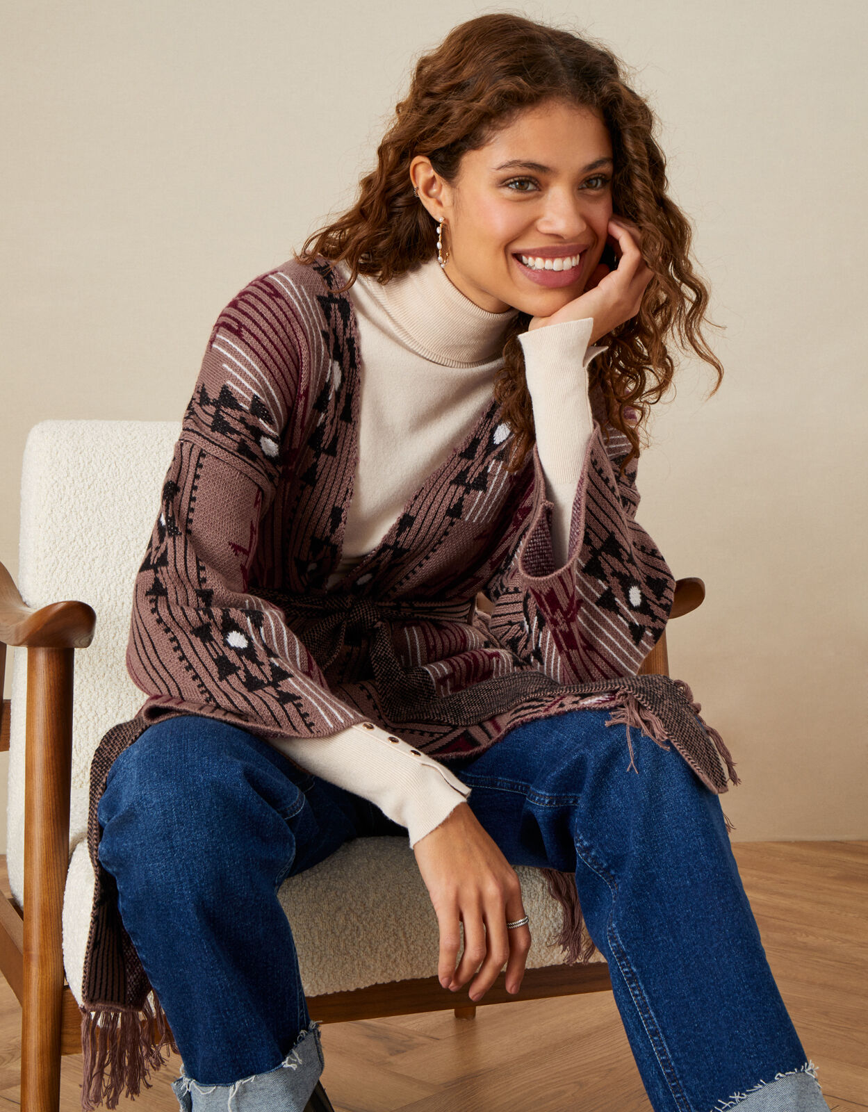 Agata Aztec Belted Cardigan Cream 