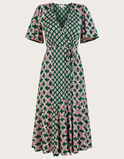Contrast Geometric Print Wrap Midi Dress, Green (KHAKI), large