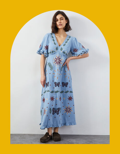 East Mererid Embroidered Midi Dress, Blue (BLUE), large