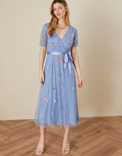 Zoe Hand-Embellished Midi Dress, Blue (BLUE), large