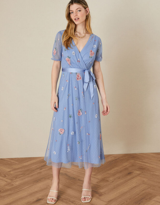 Zoe Hand-Embellished Midi Dress, Blue (BLUE), large