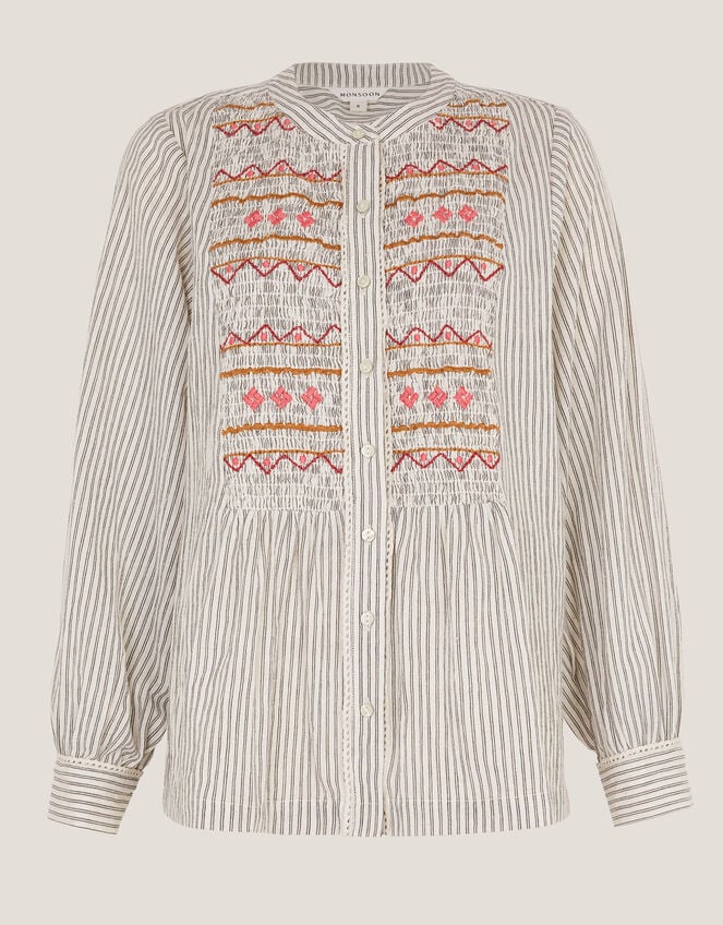 Hettie Embroidered Shirred Stripe Shirt, Black (BLACK), large