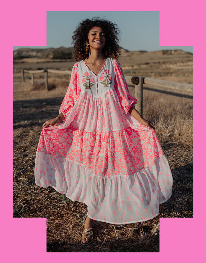 Piti Cuiti Floral Tiered Maxi Dress, Orange (CORAL), large