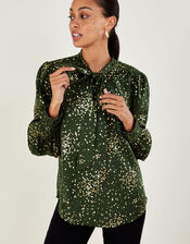 Suki Foil Pussybow Blouse, Green (KHAKI), large