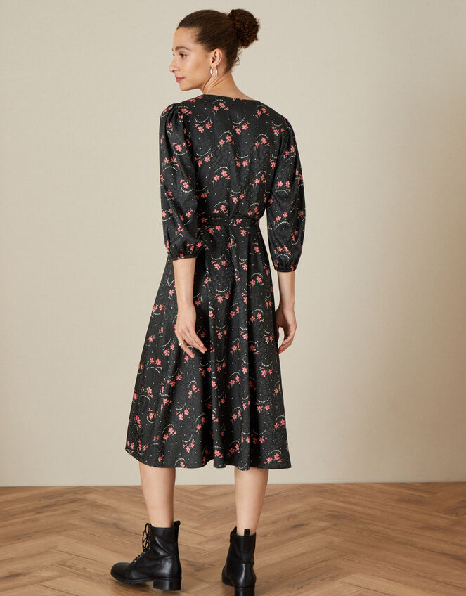 Floral Print Wrap Dress, Black (BLACK), large