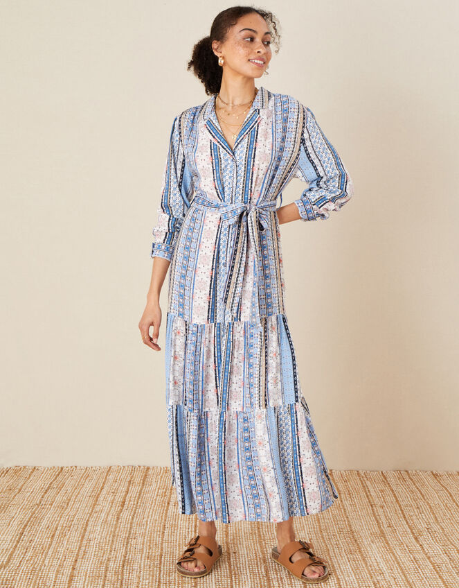 Patch Print Stripe Shirt Dress, Blue (BLUE), large